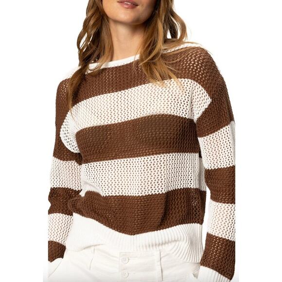 SANCTUARY Sweater Size L NEW Cotton Open Knit Brown Stripe Sweater - Picture 1 of 7